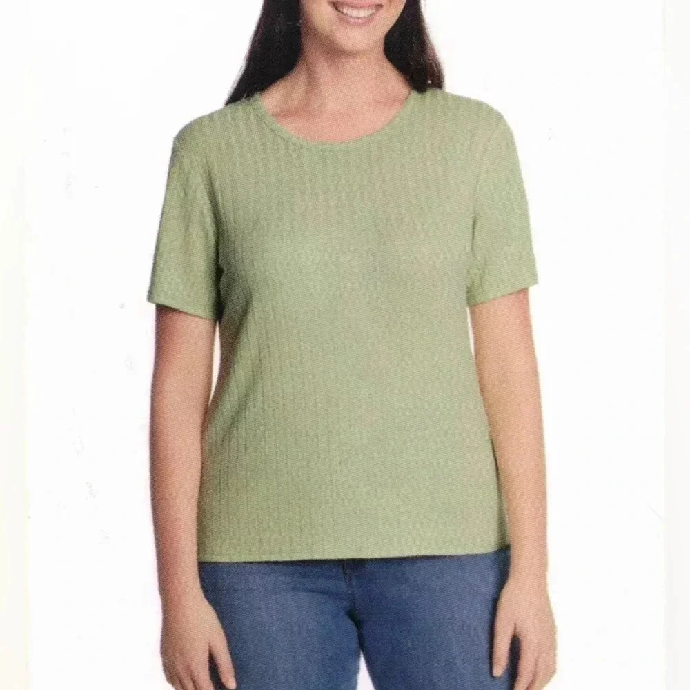 Vintage America Women's Slub Ribbed Tee Crew Neck (Green, Large)